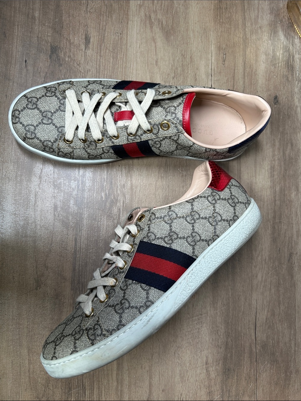 Gucci Beige GG Supreme Canvas Sneakers with Red & Navy Web